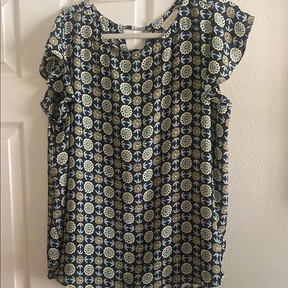 LOFT Green and White Ruffled Blouse
